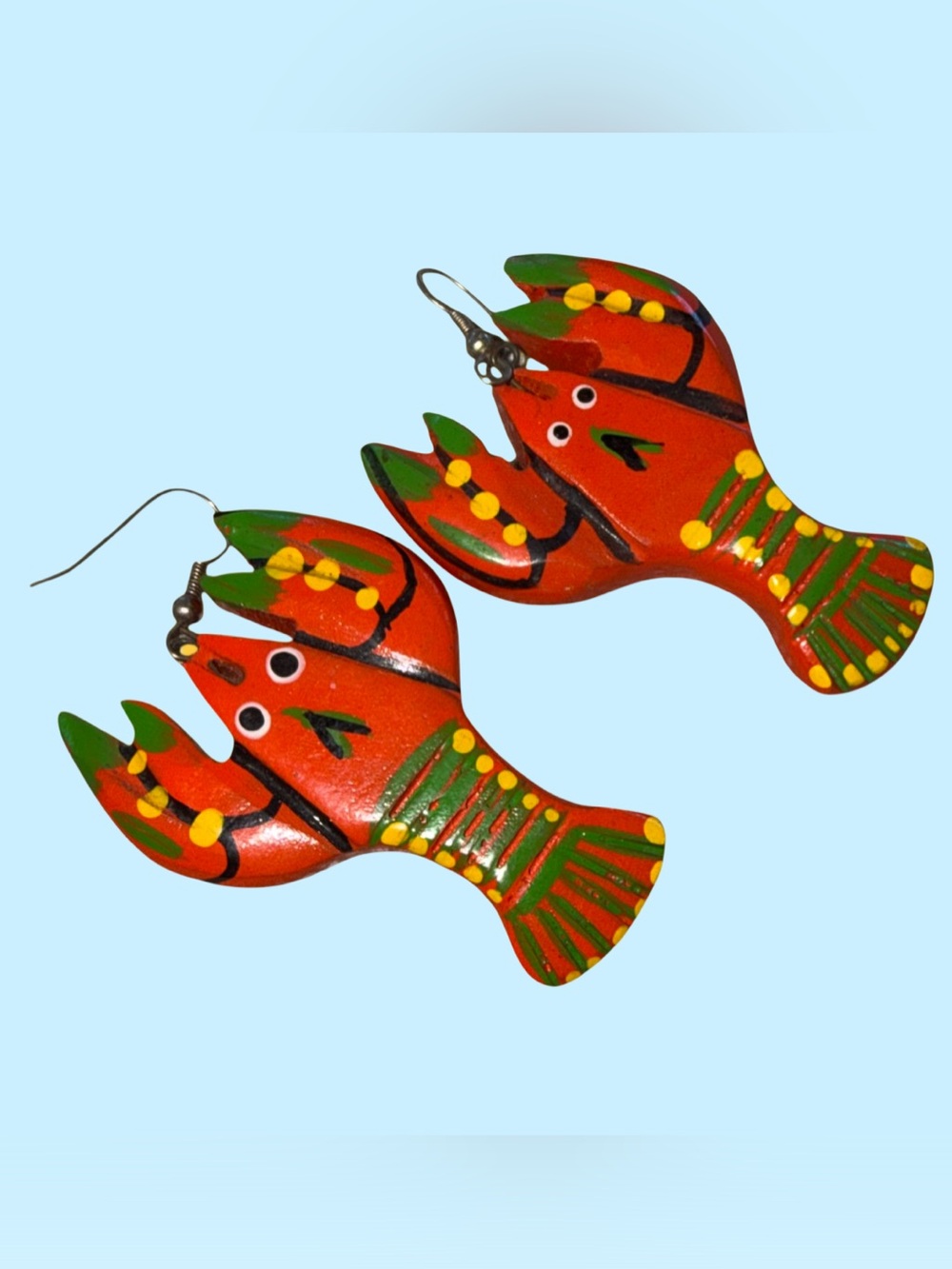 Funky Hand Painted Carved Wood Lobster Earrings Aquatic Ocean Beach 2 1/2 inches